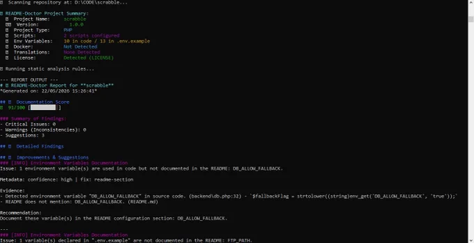 Screenshot of README-doctor scan.
