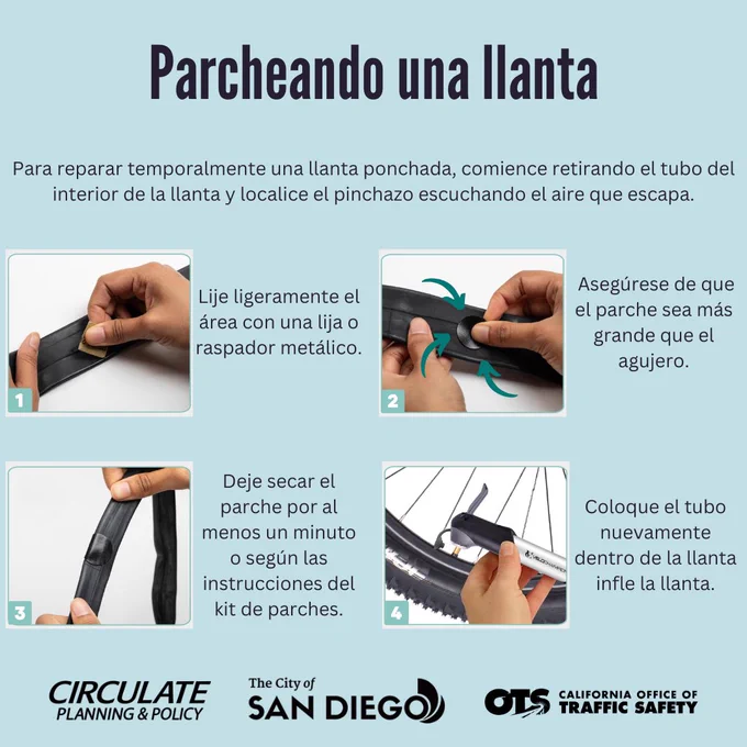 Para reparar temporalmente una llanta ponchada, comience retirando el tubo del interior de la llanta y localice el pinchazo escuchando el aire que escapa.
Lije ligeramente el área con una lija o raspador metálico.
Asegúrese de que el parche sea más grande que el agujero.
Deje secar el parche por al menos un minuto o según las instrucciones del kit de parches.
Coloque el tubo nuevamente dentro de la llanta infle la llanta.