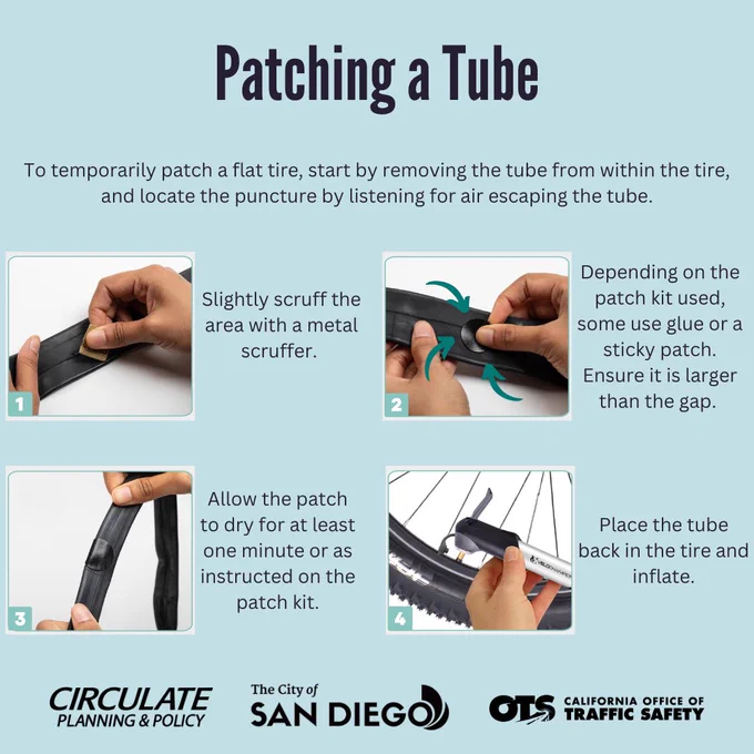 To temporarily patch a flat tire, start by removing the tube from within the tire, and locate the puncture by listening for air escaping the tube.
Slightly scruff the area with a metal scruffer.
Depending on the patch kit used, some use glue or a sticky patch. Ensure it is larger than the gap.
Allow the patch to dry for at least one minute or as instructed on the patch kit.
Place the tube back in the tire and inflate.
