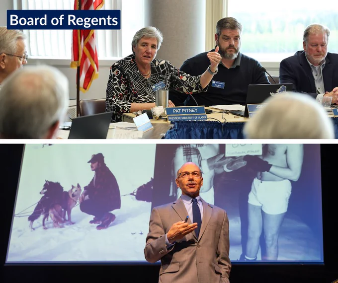 Top image: A group of people sit around a boardroom table with papers and laptops. A woman labeled Pat Pitney speaks, with two men beside her and an American flag in the background.

Bottom image: A man in a suit stands presenting in front of a large screen displaying a historical photo. The photo shows a person with sled dogs in a snowy landscape.
