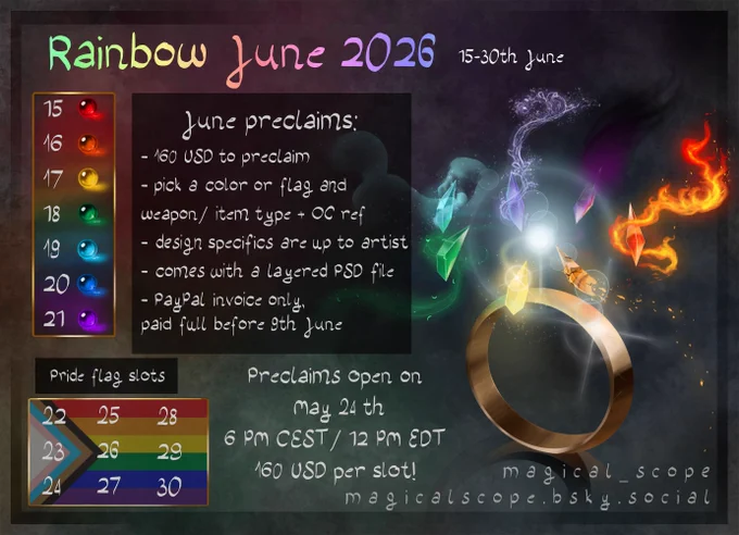 June preclaims:
- 160 USD to preclaim 
- pick a color or flag and weapon/ item type   OC ref
- design specifics are up to artist
- comes with a layered PSD file
- PayPal invoice only,paid full before 9th June
