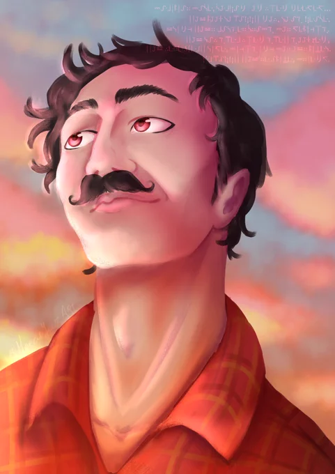 A digital painting of Mumbo. He's looking up to the side, a pink sky behind him. He's wearing his red checkered blouse with lighting like a sunset. There is galactic standard text above him.