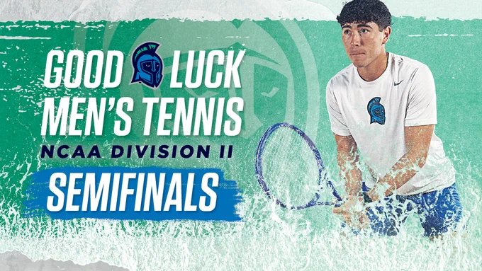 Color-teal and white graphic featuring a UWF men's tennis player holding a tennis racquet in a ready position with a wave graphic across the bottom and faint UWF Argonaut logo in the background. Text: Good Luck Men’s Tennis. NCAA Division II Semifinals.