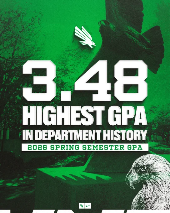 Green background with an eagle statue and trees. Text reads: "3.48 Highest GPA in Department History, 2026 Spring Semester GPA." UNT Diving Eagle logo is present.