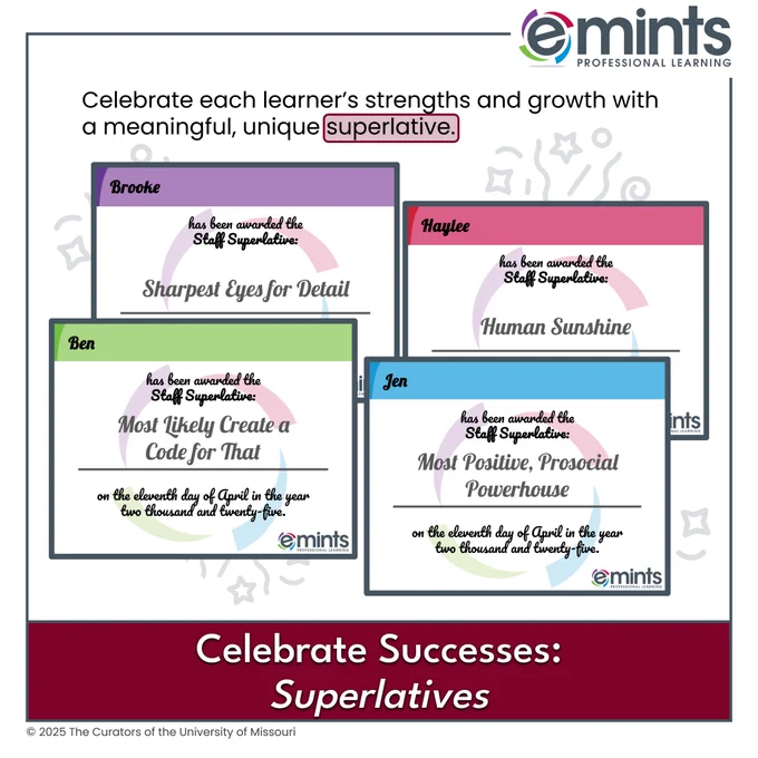 Displays four different examples of Staff Superlatives. Text reads, ‘Celebrate each learner’s strengths and growth with a meaningful, unique superlative.’ Title: Celebrate Successes: Superlatives. Includes eMINTS logo and branding.