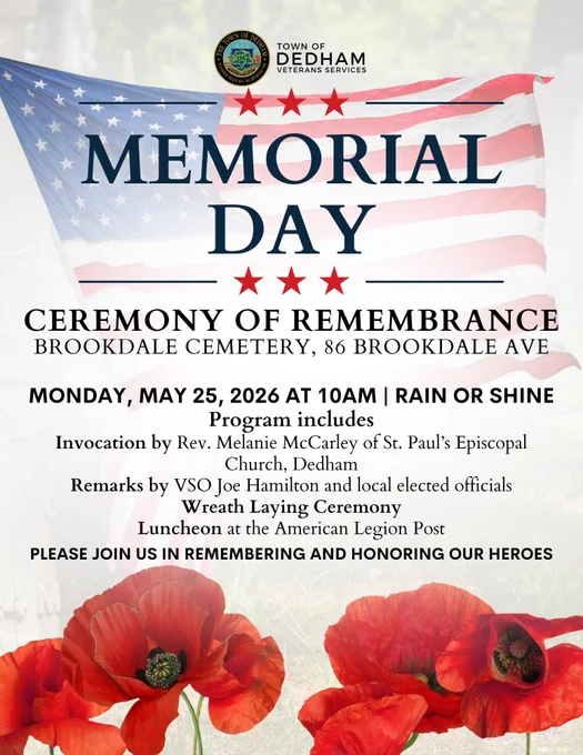 Memorial Day Ceremony of Remembrance Flyer with Town seal, American Flag, and red poppies.