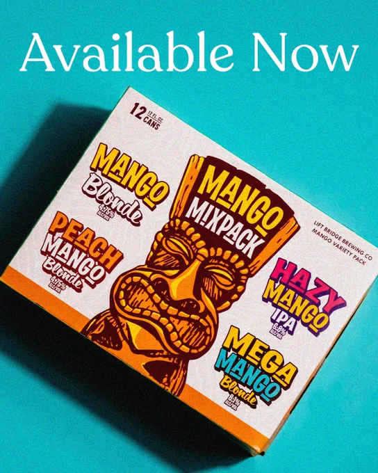 A vibrant display of a Mango Mixpack box featuring various mango-flavored beverages against a bright turquoise background. The colorful and stylized text catches the eye.