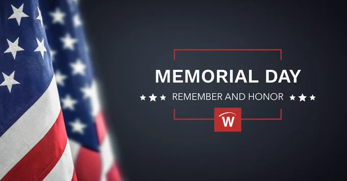 Memorial Day graphic featuring American flags with the message “Remember and Honor” on a dark background with Waggoner branding.
