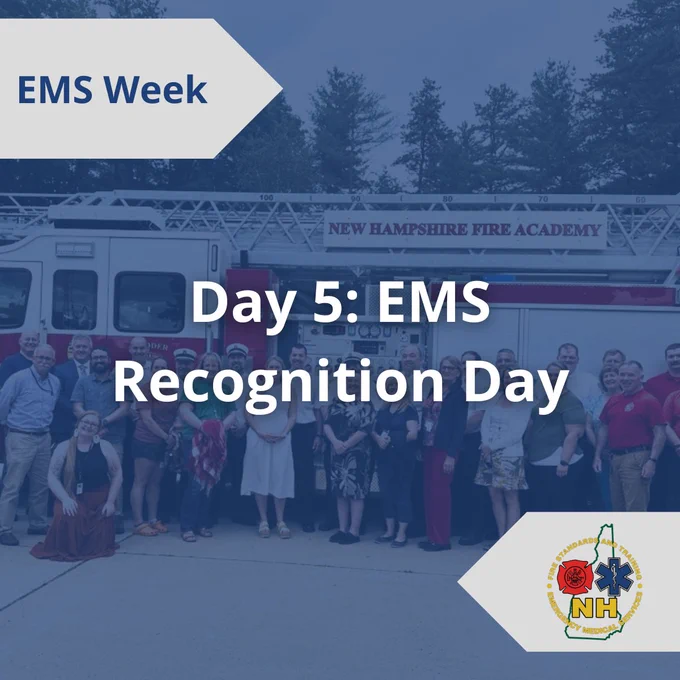 Flyer promoting EMS Week Day 5 - EMS Recognition Day. Background image is a group photo of Division employees in front of the ladder truck.