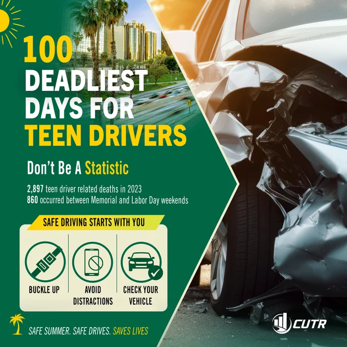 Split image of a totaled silver car on right and information regarding 100 deadliest days for teen drivers on left. Left side also includes safe driving tips.