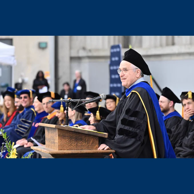 Michael I. Jordan delivering a speech at the 2026 CDSS undergraduate commencement ceremony at the Hearst Greek Theatre in Berkeley