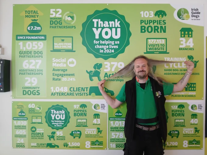 Myself, holding the tips of my hair out as far as it goes - it was 17 inches long! I am wearing my green guide dogs shirt with a black undershirt and black gilet with the Irish guide dogs logo. I'm standing in front of out information boards that list the charities achievements in 2024 and 2023.