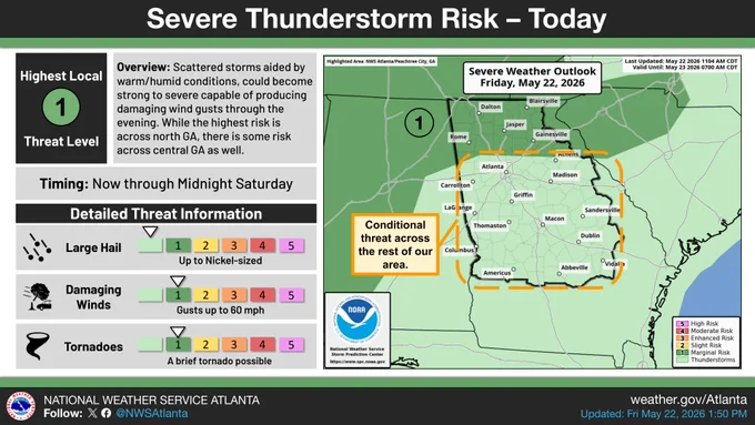 Forecast details on the left, with a map of the severe weather outlook on the right.