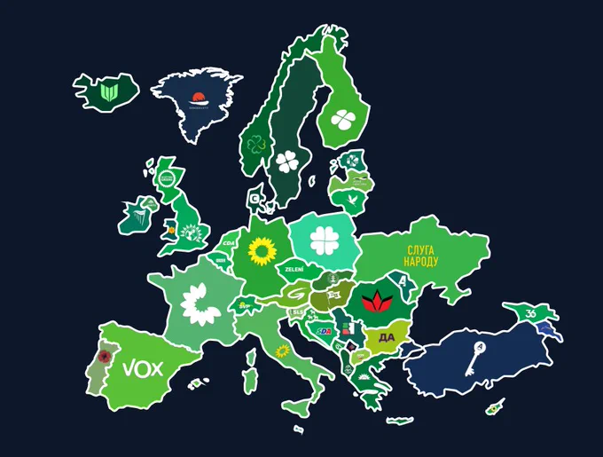 Carte de l'Europe des "partis pour qui je voterais" avec chaque pays rempli avec la couleur et le logo d'un parti politique : presque tous les partis choisis sont de couleur verte, mais vont politiquement de la gauche radicale au néo nazisme