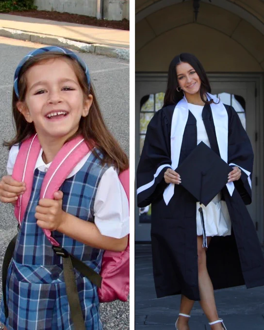 On the left is a photo of a young girl smiling in a school uniform wearing a pink backpack and the right has a current professional headshot photo of the same girl all grown up.