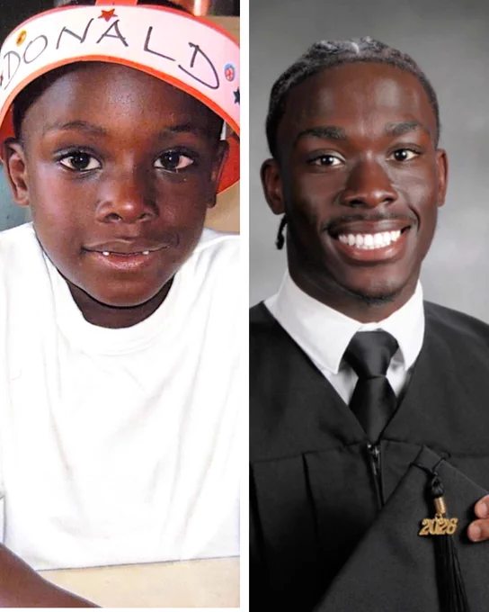 A split image shows a child on the left, wearing an orange visor with "Donald" written on it, and a person on the right wearing a graduation gown with a pin labeled "2023". Both have short hair and are smiling.