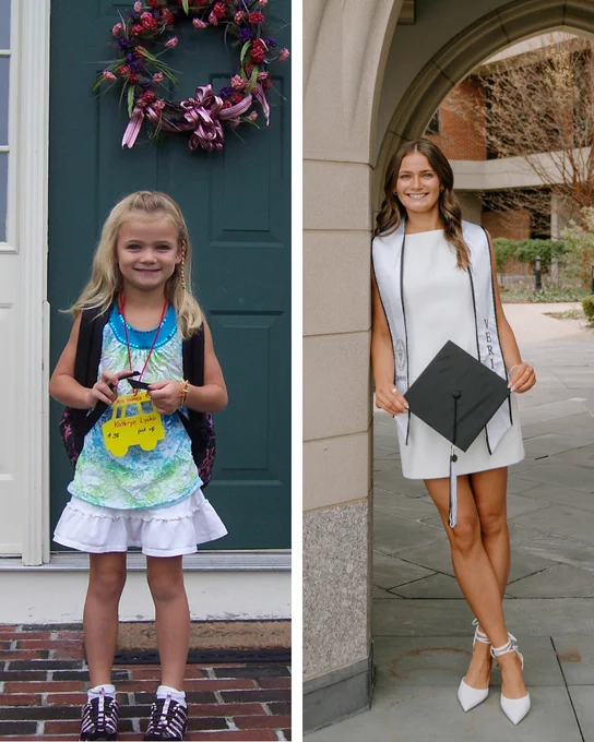 On the left, a child wearing a colorful outfit and a backpack stands in front of a green door with a wreath, holding a drawing labeled "First Day of School." On the right, an adult in a white outfit poses under an archway with a graduation cap and gown draped over one arm, next to a brick building and trees.