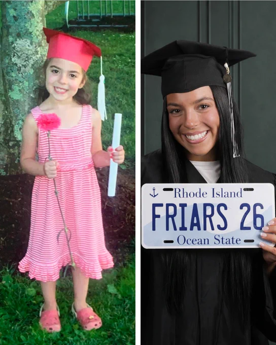 On the left, a young child stands outdoors wearing a red graduation cap and holding a pink flower and a rolled-up paper. On the right, an adult holds a "FRIARS 26" license plate, wearing a black graduation cap and gown against a dark background.