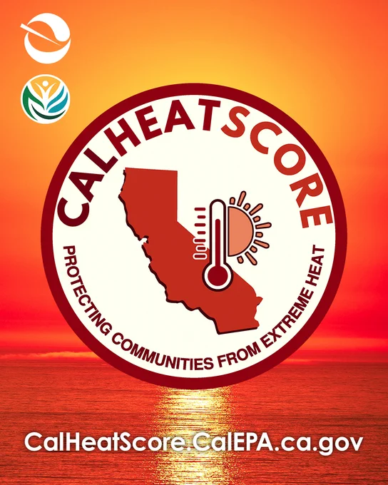 California ocean sunset with CalHeatScore logo overlayed and text reading CalHeatScore.CalEPA.ca.gov