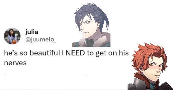 post from juumelo_
he's so beautiful I NEED to get on his nerves 
blushing post-ts sylvain and semi-transparent post-ts felix are overlaid