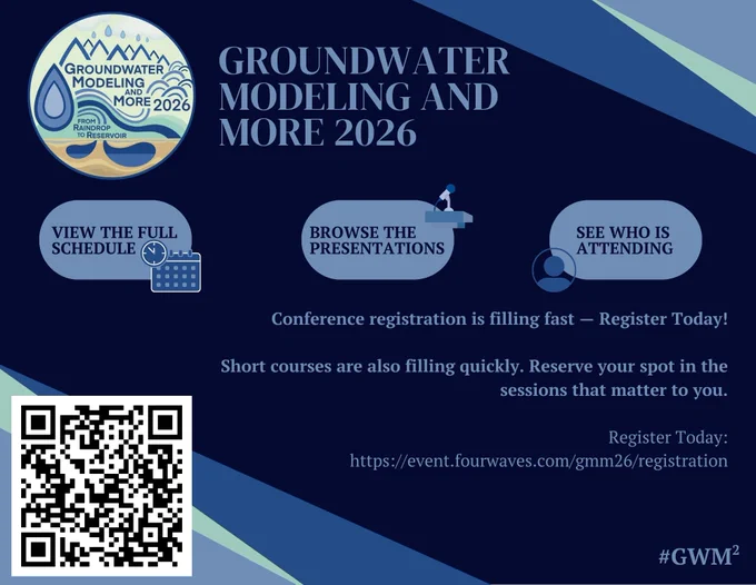 Promotional graphic for "Groundwater Modeling and More 2026: From Raindrop to Reservoir" on a black background with colorful geometric designs along the top right and bottom left edges. The conference logo appears in the top left, with bold text reading the conference title "Groundwater Modeling and More 2026" beside it. Below that, three oval-shaped blue text boxes read "View the Full Schedule," "Browse the Presentations," and "See Who Is Attending," each with a corresponding icon slightly overlapping the shape. The main text reads: "Conference registration is filling fast — Register Today! Short courses are also filling quickly. Reserve your spot in the sessions that matter to you." Below that, viewers are directed to the conference website to register. A QR code overlaps the design in the bottom left, and the hashtag #GWM2 appears in the bottom right corner.