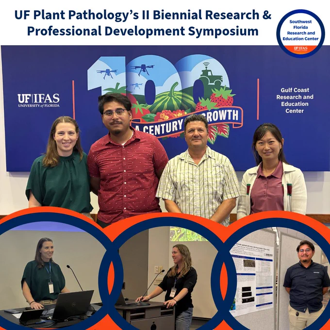 Collage featuring participants at a plant pathology symposium with a banner and podium photos.