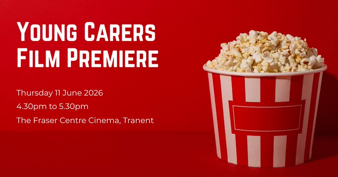 Young Carers Film Premiere event poster with details and a bucket of popcorn.