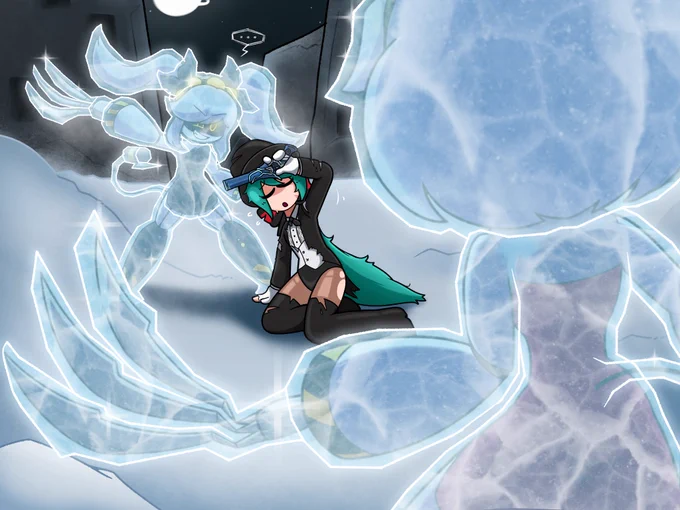 Miku sits down, sighing in relief after getting close to being ripped apart by J, who’s right behind her, and V, who’s covering a third of the view. By some miracle, she was able to stop them thanks to her blue gun.

But more importantly, how the fuck did she survive a fight with these two?????