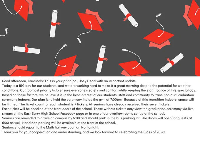 ATTENTION:  TONIGHT'S ESHS' GRADUATION CEREMONY WILL NOW BE HELD INDOORS!!  PLEASE SEE THE BELOW INFORMATION:
