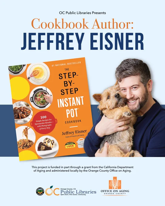 Promotional graphic for OC Public Libraries cookbook author talk with Jeffrey Eisner, in partnership with the OC Office on Aging through the intergenerational grant.