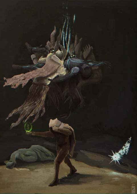 A painting of Eris protecting herself as three Hive Wizards perform a ritual, holding Omar Agah aloft as he is transfigured into the weapon Xenophage. Toland also is there, in his already-transfigured Taken Wisp form.

After Goya's "Witches Flight"