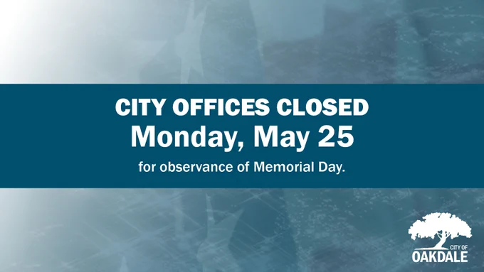 blue box with white text that reads "CITY OFFICES CLOSED Monday, May 25 for observance of Memorial Day." with logo in bottom right and faded image in background with blue overlay