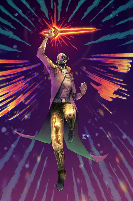 A drawing of Heulog-12 in the air casting her Dawnblade, stylized with bright colors: the backdrop is a purple gradient, with half-tone action lines pointing at the sword. An ink-brush-like set of flaming wings flanks her, which have a purple-to-red-to-orange-to-yellow gradient. The lighting is very stark, and is especially noticeable on her metallic gold Luxe Soles, the light from the blade playing across the highlights in soft glow. The blade itself is rimmed in stylised ink-brush yellow-to-red flames bursting from the center and causing faint coronal lens flares.