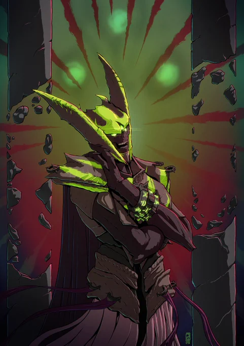 A digital illustration of Dûl Incaru, the Eternal Return, daughter of the Witch Queen Savathûn, from the game Destiny 2.
She is holding herself tightly in a sentimental pose, arms crossing her chest with her head resting on one hand. She is a Hive Wizard with a unique model, with tall flanges on the side of the crest on her head, which gives the impression of wings or ears. She has three glowing green eyes. She has broad, spiky pauldrons that are pierced with spiked rings. Around her wrists are spiked bracelets inscribed with glowing Hive runes. She has more spiked rings attached at the waist, from which flow crimson ribbons. She is flanked by shattered columns, and looming behind her are Savathûn's three eyes.
