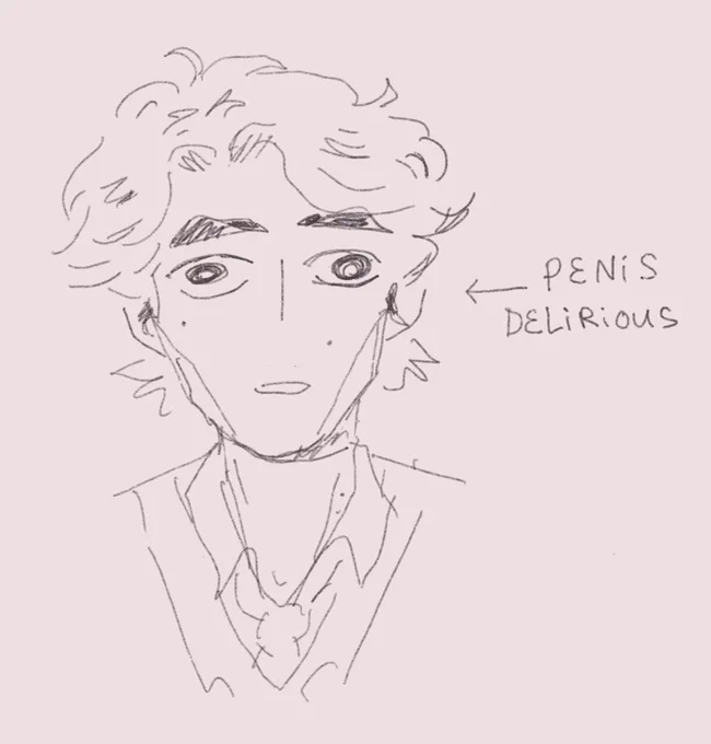 Silly digital sketch of viktor with a dazed expression with his eyes looking in different directions and text reading “penis delirious” pointed at him