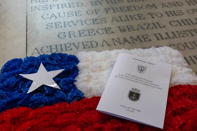 A wreath, made up of red, white and blue flowers in the shape of the Chilean flag, lying on the grave of Admiral Lord Cochrane in Westminster Abbey