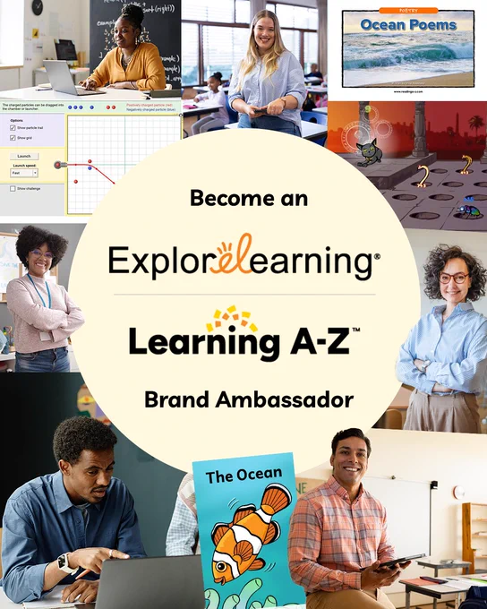 A collage featuring educational themes and teachers in a classroom setting. The center highlights "Become an ExploreLearning Learning A-Z Brand Ambassador." Various smaller images depict individuals engaged in teaching activities, educational software screens, and books titled "Ocean Poems" and "The Ocean.
