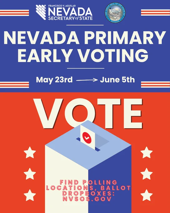 Early Voting graphic shows dates of Early Voting "May 23-June 5" and link to more resources: NVSOS.gov. Graphic shows ballot box and stars with the word "VOTE" above it