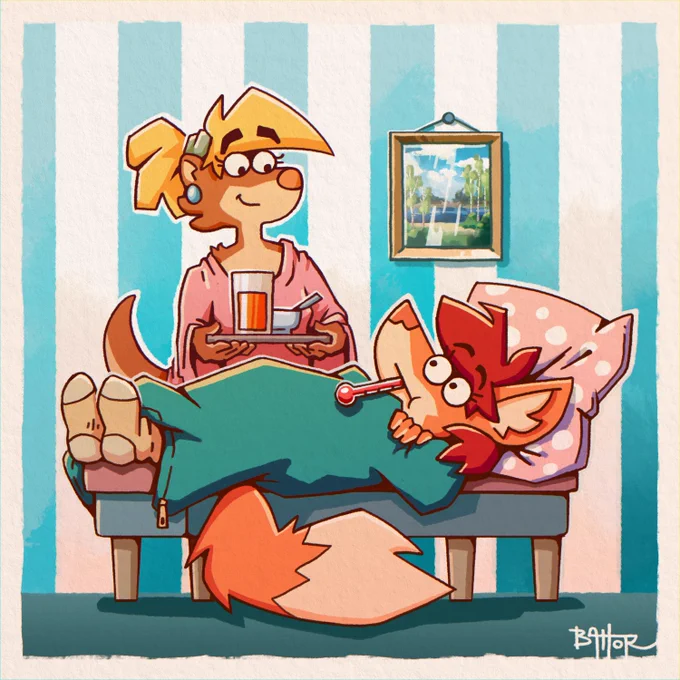 Anthro otter named Rita bringing a tray of medicine to a sick anthro fox named Agatha resting in bed. Agatha has a thermometer in her mouth while Rita smiles warmly.