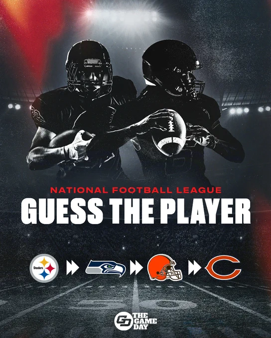 Black and white NFL-themed image featuring two players in gear, challenging viewers to guess a player based on a sequence of team logos: Steelers, Seahawks, Browns, and Bears.