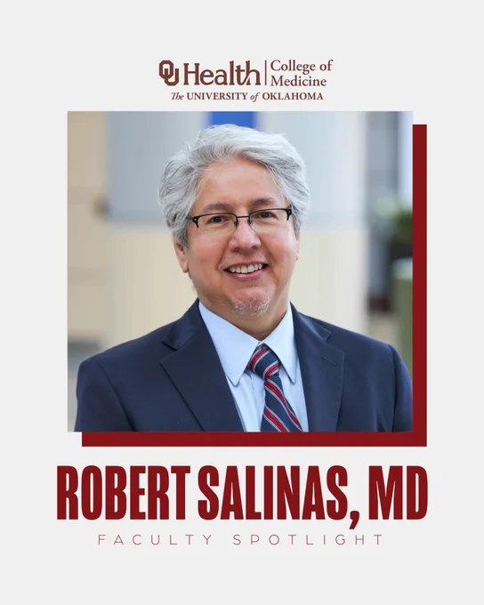 Headshot portrait of Robert Salinas, MD. — a man with gray hair and black-rimmed glasses smiles at the camera while wearing a navy suit, light blue shirt, and striped tie. The image is part of a University of Oklahoma faculty spotlight and includes the OU Health | College of Medicine logo at the top and large red text below that reads: ROBERT SALINAS, MD, Faculty Spotlight.