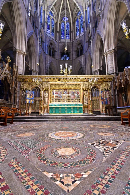 Westminster Abbey's High Altar, with the medieval mosaic Cosmati Pavement in the foreground