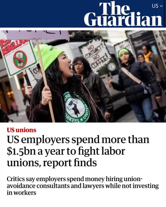 US employers spend more than $1.5bn a year to fight labor unions, report finds

Critics say employers spend money hiring union-avoidance consultants and lawyers while not investing in workers