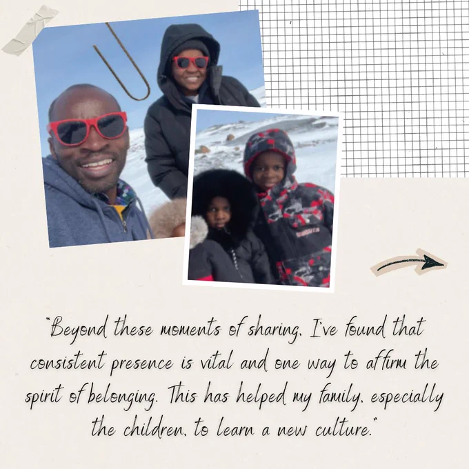 A family enjoying a snowy adventure, wearing warm clothing and red sunglasses, with an inspirational quote about family and culture.
