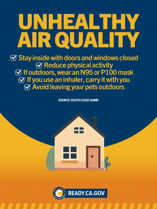 Text reads: Unhealthy Air Quality Stay Inside with doors and windows closed Reduce physical activity If outdoors, wear an N95 or P100 mask If you use an inhaler, carry it with you Avoid leaving your pets outdoors source: South Coast AQMD ready dot C A dot G O V