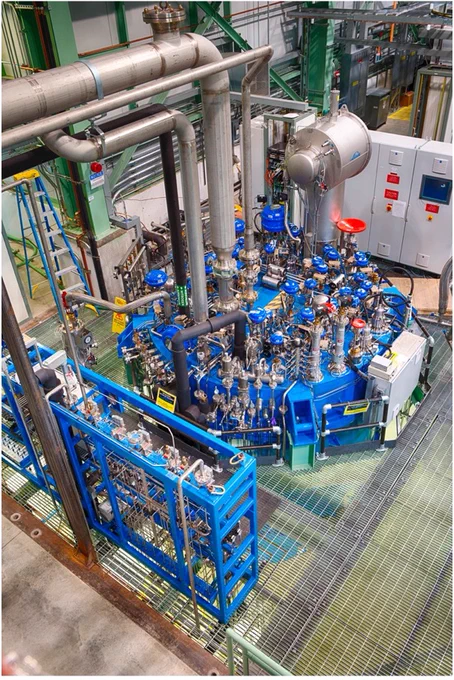 A view of the main cryomodule test stand on the Cryomodule Test Facility at Fermilab. https://sqmscenter.fnal.gov/large-scale-cryogenics/