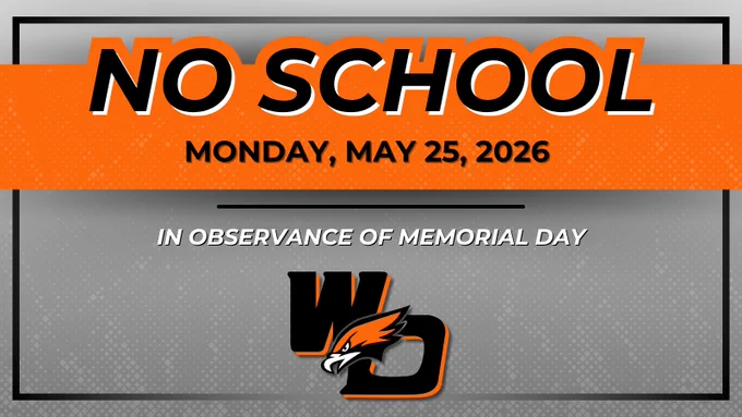 Announcement of no school on Monday, May 25, 2026, in observance of Memorial Day with a stylized eagle logo.