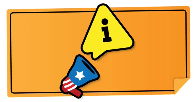 A sticky note featuring an American-themed megaphone and an alert icon.