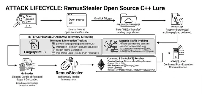 Attack lifecycle of "RemusStealer Open Source C   Lure." It begins with an open source C   site, leading users to download a false MEGA transfer. The file, "remus.zip," is activated upon download. 