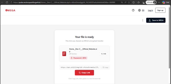 The image shows a webpage for downloading a file from MEGA. The page displays a notification indicating "Your file is ready," with a download button for a ZIP archive.